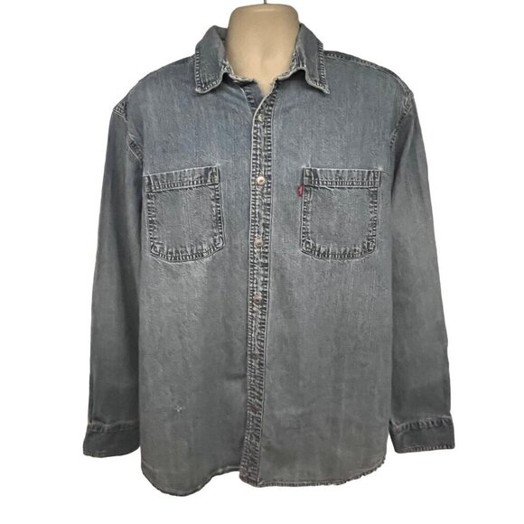Levis Mens Blue Denim Button Front Shirt Large Pockets Red Tab Metal Logo Button - Picture 1 of 8
